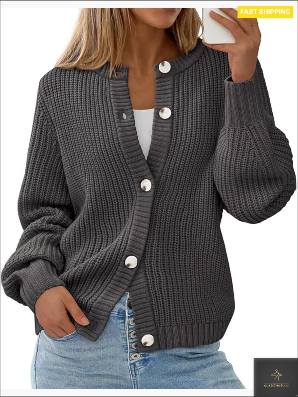 Chunky Knit Open Front Cardigan Sweater Crewneck Long Sleeve Button Down Loose